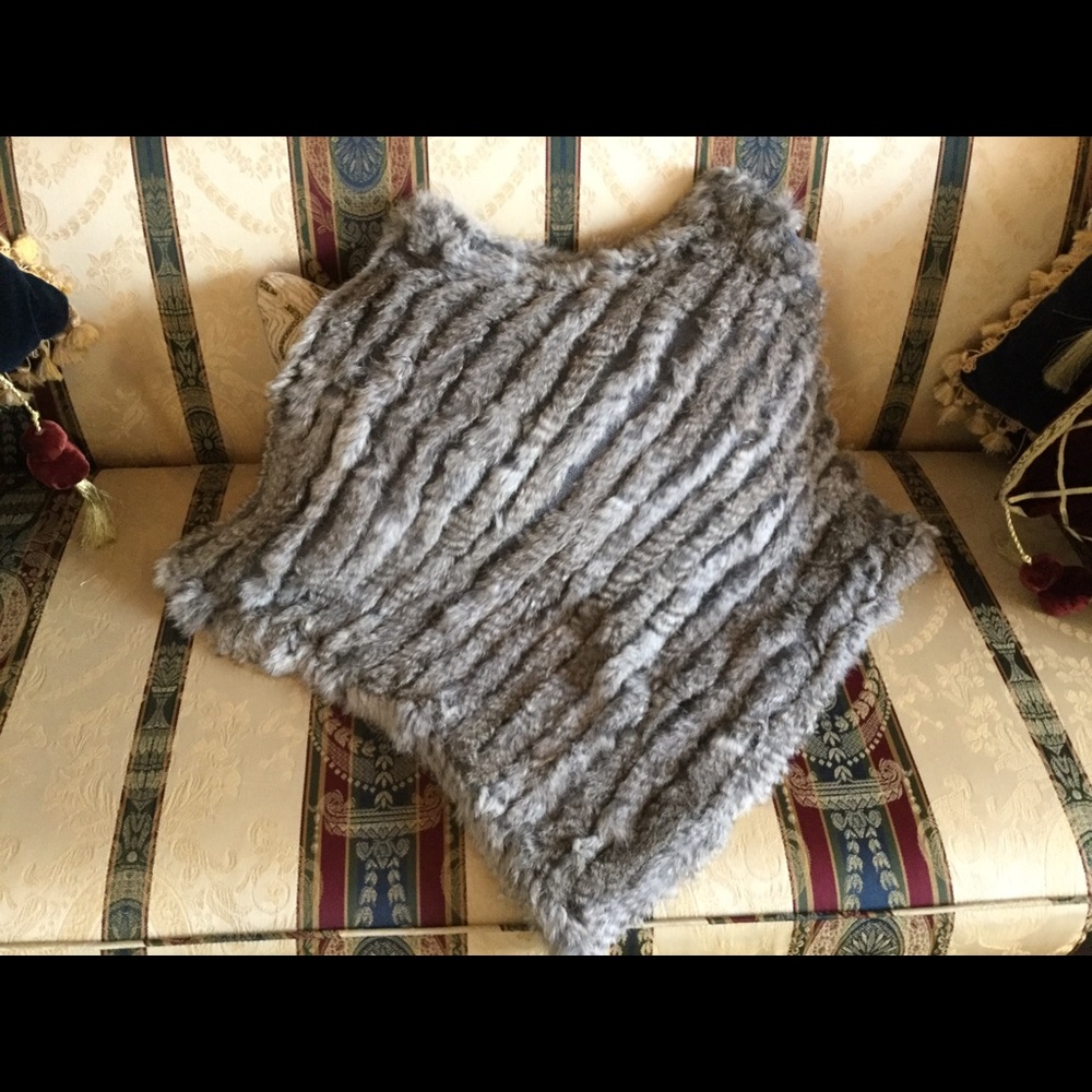 Rabbit Fur Poncho Shawl Pullover, Grey Multicolor